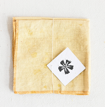 Load image into Gallery viewer, Marigold Dyed - Napkin Set Set of two 12” x 12” Linen Napkins, dyed in Los Angeles using Marigolds.
