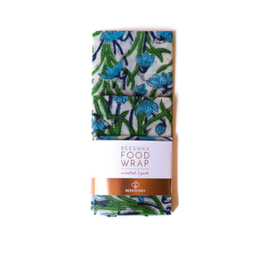 BEESWAX FOOD WRAPS | 3 PACK | GREEN & BLUE FLORAL VINES - BEE KITCHEN